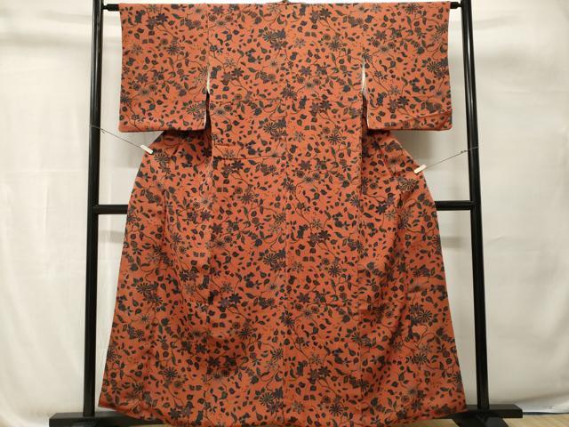 平和屋着物■上質な小紋　更紗枝花文　鬼しぼ縮緬　正絹　逸品　CABH8811ev