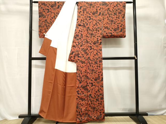 平和屋着物■上質な小紋　更紗枝花文　鬼しぼ縮緬　正絹　逸品　CABH8811ev
