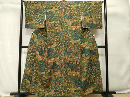 平和屋着物■上質な小紋　切嵌更紗花蝶文　正絹　逸品　CABH8822ev