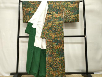 平和屋着物■上質な小紋　切嵌更紗花蝶文　正絹　逸品　CABH8822ev