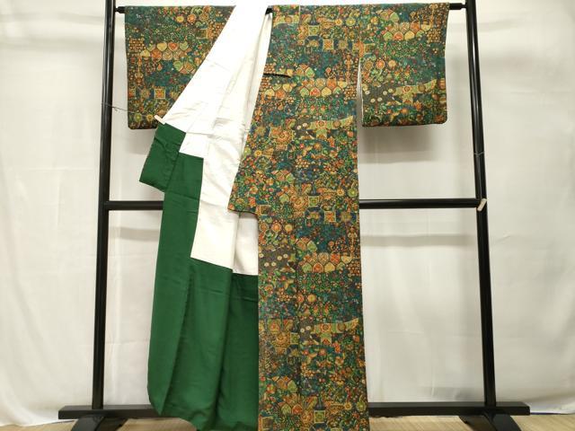 平和屋着物■上質な小紋　切嵌更紗花蝶文　正絹　逸品　CABH8822ev