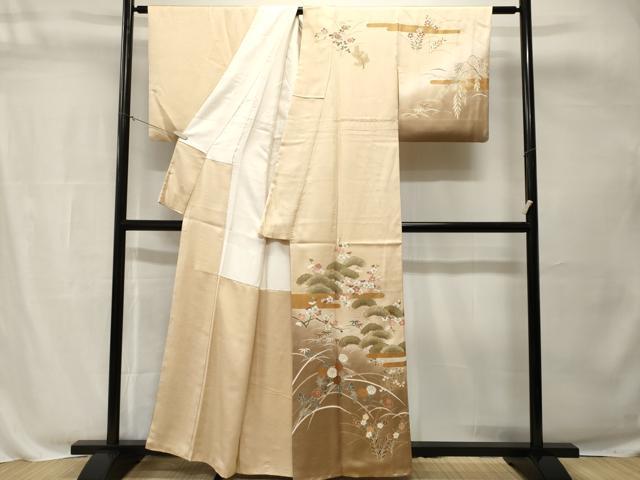 平和屋着物■訪問着　駒刺繍　芝草松竹梅花文　暈し染め　金彩　正絹　逸品　CABH8836ev
