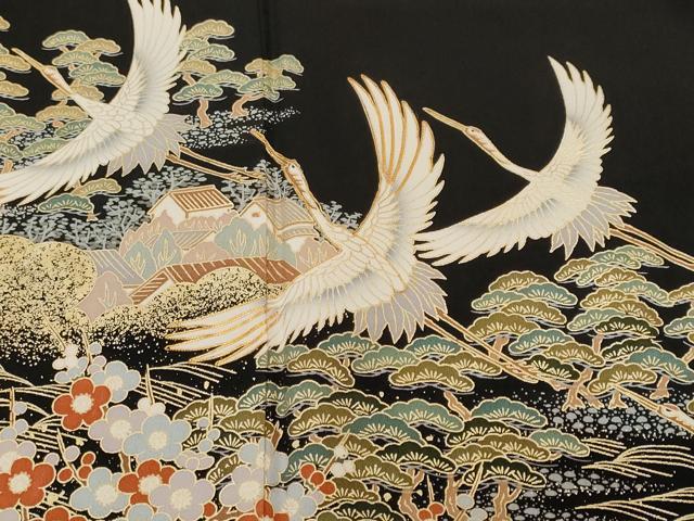 平和屋着物■豪華黒留袖　駒刺繍　飛鶴御所解文　金彩　正絹　逸品　CABH8889ev