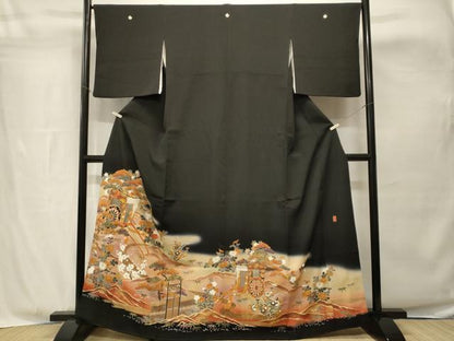 平和屋着物■豪華黒留袖　作家物　駒刺繍　御所車草花文　暈し染め　金彩　正絹　逸品　CABH8894ev