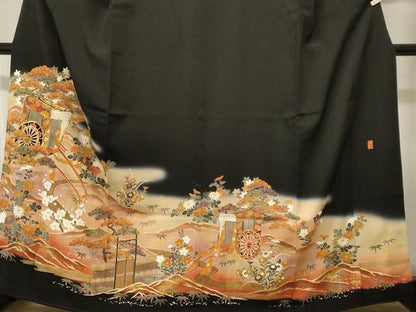 平和屋着物■豪華黒留袖　作家物　駒刺繍　御所車草花文　暈し染め　金彩　正絹　逸品　CABH8894ev
