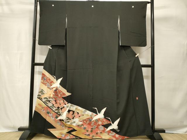 平和屋着物■豪華黒留袖　作家物　駒刺繍　飛鶴宝尽し花文　金彩　正絹　逸品　CABH8898ev