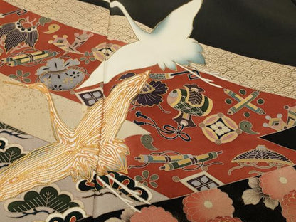 平和屋着物■豪華黒留袖　作家物　駒刺繍　飛鶴宝尽し花文　金彩　正絹　逸品　CABH8898ev
