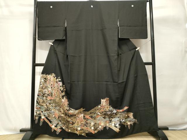 平和屋着物■豪華黒留袖　駒刺繍　束ね熨斗飛鶴御所車花文　金銀彩　正絹　逸品　CABH8903ev