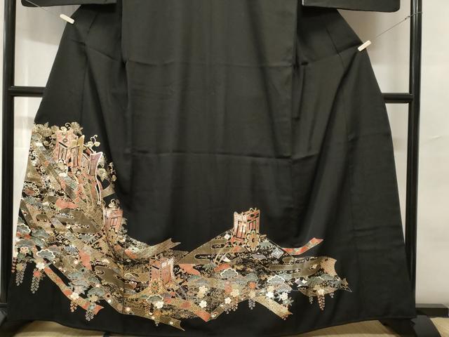 平和屋着物■豪華黒留袖　駒刺繍　束ね熨斗飛鶴御所車花文　金銀彩　正絹　逸品　CABH8903ev