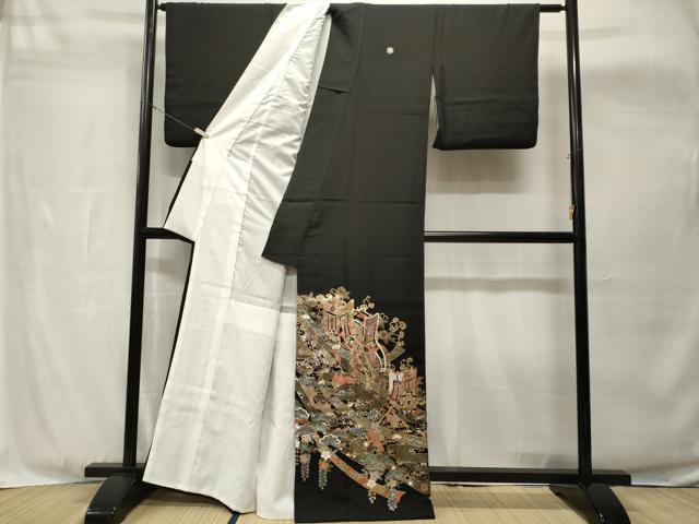 平和屋着物■豪華黒留袖　駒刺繍　束ね熨斗飛鶴御所車花文　金銀彩　正絹　逸品　CABH8903ev