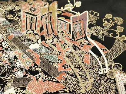 平和屋着物■豪華黒留袖　駒刺繍　束ね熨斗飛鶴御所車花文　金銀彩　正絹　逸品　CABH8903ev