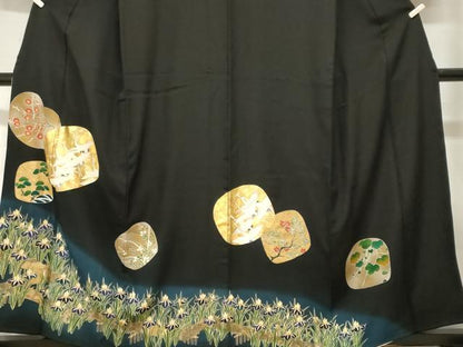 平和屋着物■豪華黒留袖　駒刺繍　杜若　飛鶴枝松梅文　暈し染め　金彩　正絹　逸品　CABH8904ev