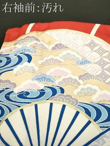 平和屋着物■振袖　松竹梅　扇面花車尾長鳥鳥文　金彩　洗える着物　CABH8949ev