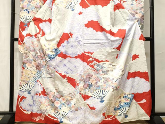 平和屋着物■振袖　松竹梅　扇面花車尾長鳥鳥文　金彩　洗える着物　CABH8949ev