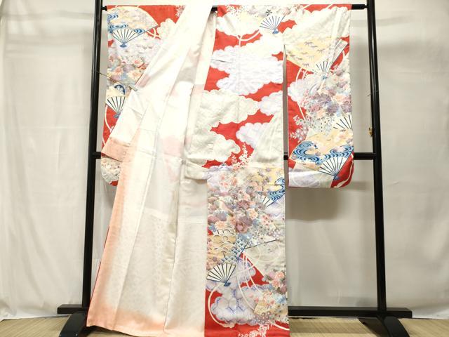 平和屋着物■振袖　松竹梅　扇面花車尾長鳥鳥文　金彩　洗える着物　CABH8949ev