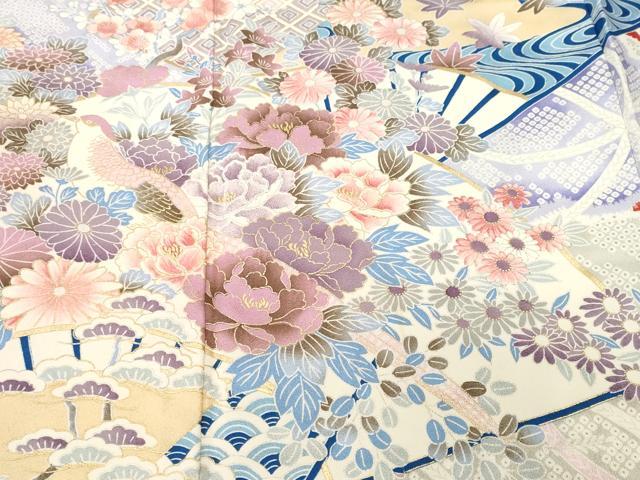 平和屋着物■振袖　松竹梅　扇面花車尾長鳥鳥文　金彩　洗える着物　CABH8949ev