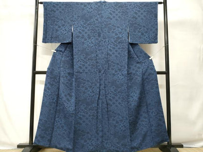 平和屋着物■上質な小紋　藍　型染め　花唐草文　鬼しぼ縮緬　正絹　逸品　CABH8952ev