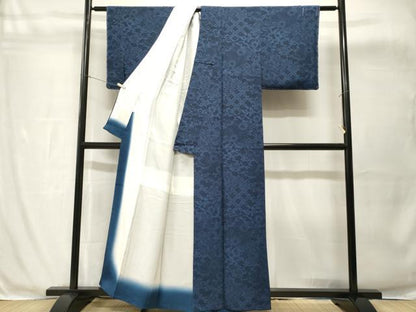 平和屋着物■上質な小紋　藍　型染め　花唐草文　鬼しぼ縮緬　正絹　逸品　CABH8952ev