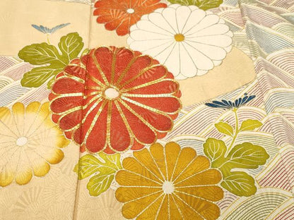 平和屋着物■豪華振袖　駒刺繍　流水枝菊文　金彩　金通し地　正絹　逸品　CABH8961ev