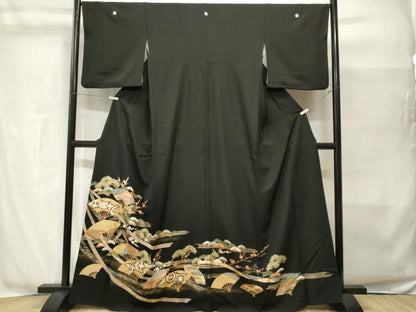 平和屋着物■豪華黒留袖　扇面双鶴枝梅松文　金彩　正絹　逸品　CABH8983ev