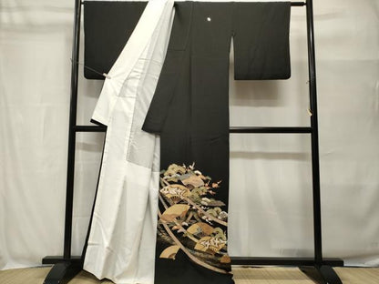 平和屋着物■豪華黒留袖　扇面双鶴枝梅松文　金彩　正絹　逸品　CABH8983ev
