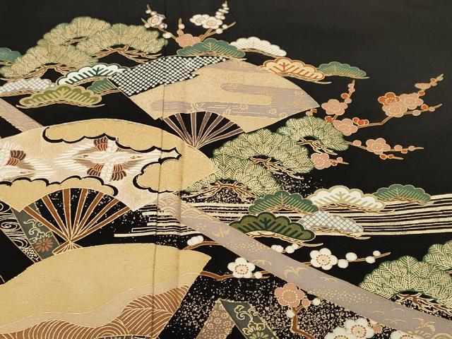 平和屋着物■豪華黒留袖　扇面双鶴枝梅松文　金彩　正絹　逸品　CABH8983ev