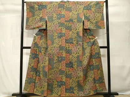 平和屋着物■上質な小紋　紬地　切嵌更紗花文　正絹　逸品　CABH9000ev