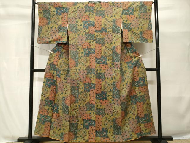 平和屋着物■上質な小紋　紬地　切嵌更紗花文　正絹　逸品　CABH9000ev