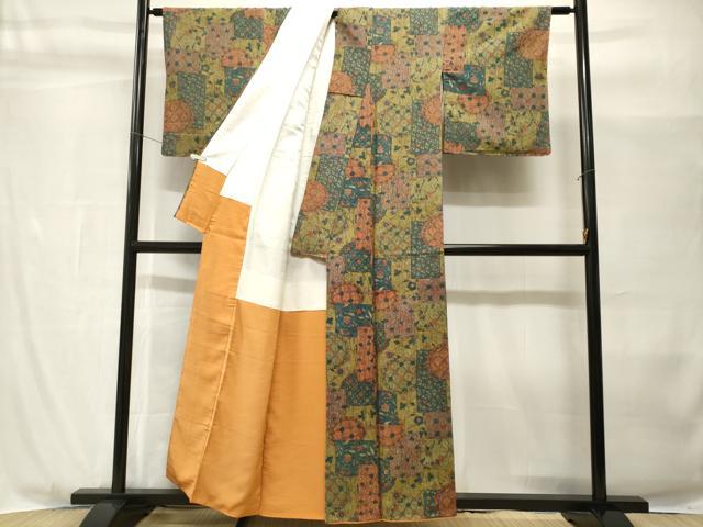平和屋着物■上質な小紋　紬地　切嵌更紗花文　正絹　逸品　CABH9000ev