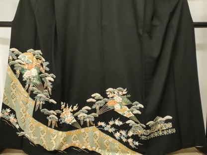 平和屋着物■豪華黒留袖　松竹梅扇面藤花房文　金彩　正絹　逸品　CABH9044ev
