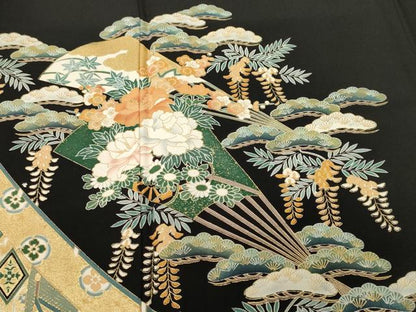 平和屋着物■豪華黒留袖　松竹梅扇面藤花房文　金彩　正絹　逸品　CABH9044ev