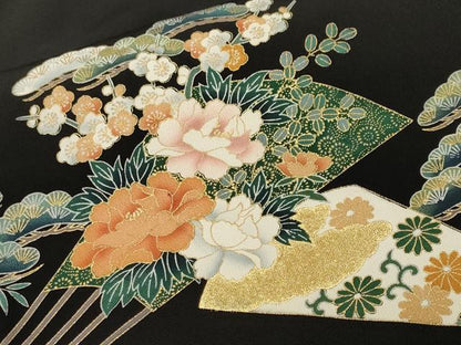 平和屋着物■豪華黒留袖　松竹梅扇面藤花房文　金彩　正絹　逸品　CABH9044ev