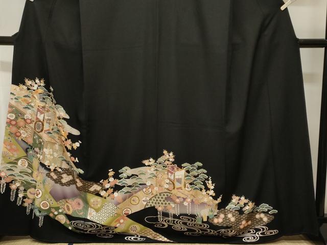 平和屋着物■豪華黒留袖　駒刺繍　御所車鳳凰吉祥文　暈し染め　金銀彩　正絹　逸品　CABH9046ev