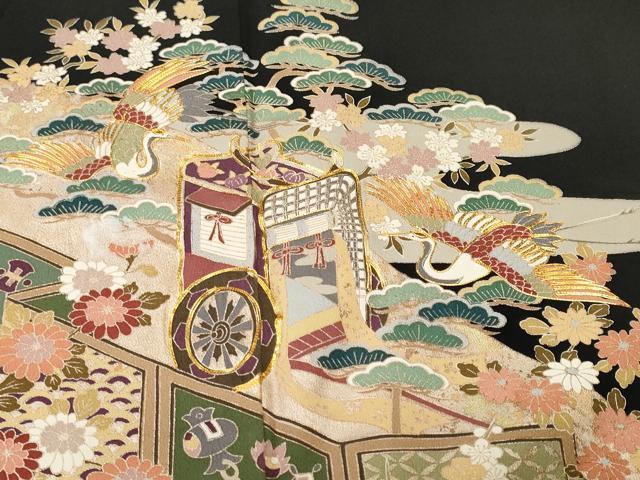 平和屋着物■豪華黒留袖　駒刺繍　御所車鳳凰吉祥文　暈し染め　金銀彩　正絹　逸品　CABH9046ev