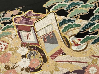 平和屋着物■豪華黒留袖　駒刺繍　御所車鳳凰吉祥文　暈し染め　金銀彩　正絹　逸品　CABH9046ev