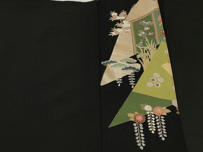 平和屋着物■豪華黒留袖　駒刺繍　御所車鳳凰吉祥文　暈し染め　金銀彩　正絹　逸品　CABH9046ev