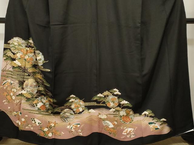 平和屋着物■豪華黒留袖　雪輪重ね扇面花文　暈し染め　金彩　正絹　逸品　CABH9047ev