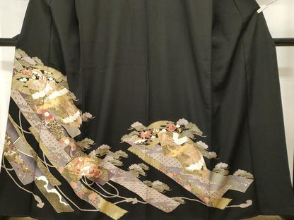 平和屋着物■豪華黒留袖　地紙重ね飛鶴宝尽し花文　金彩　正絹　逸品　CABH9050ev