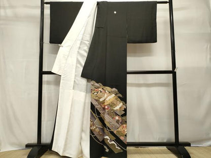 平和屋着物■豪華黒留袖　地紙重ね飛鶴宝尽し花文　金彩　正絹　逸品　CABH9050ev
