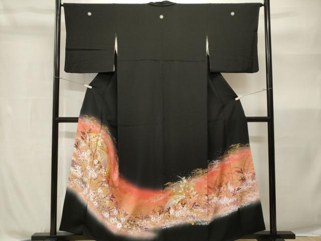 平和屋着物■豪華黒留袖　芒扇面草花文　暈し染め　金銀彩　正絹　逸品　CABH9053ev