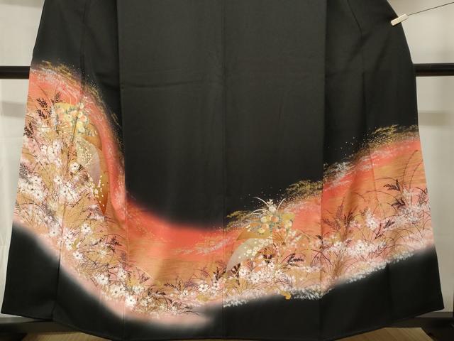 平和屋着物■豪華黒留袖　芒扇面草花文　暈し染め　金銀彩　正絹　逸品　CABH9053ev