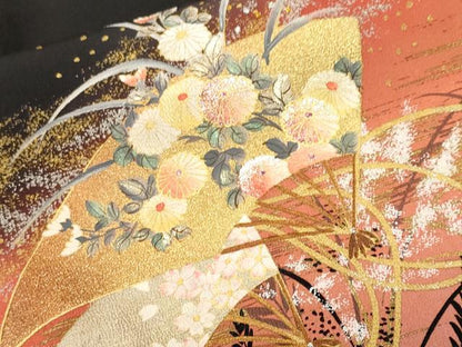 平和屋着物■豪華黒留袖　芒扇面草花文　暈し染め　金銀彩　正絹　逸品　CABH9053ev