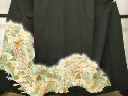 平和屋着物■豪華黒留袖　駒刺繍　鉾人物風景文　暈し染め　金彩　正絹　逸品　CABH9060ev