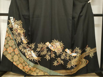 平和屋着物■豪華黒留袖　駒刺繍　短冊木の実枝葉文　金彩　正絹　逸品　CABH9090ev