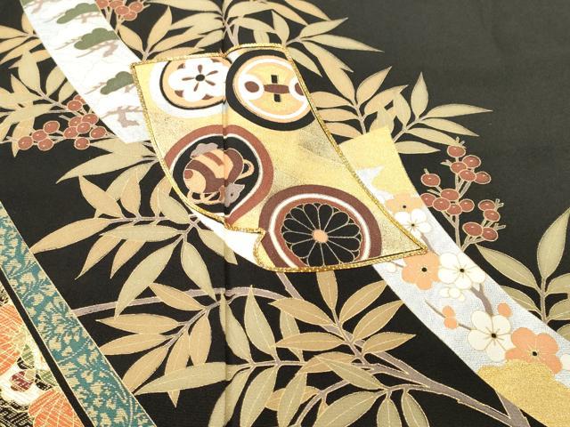 平和屋着物■豪華黒留袖　駒刺繍　短冊木の実枝葉文　金彩　正絹　逸品　CABH9090ev