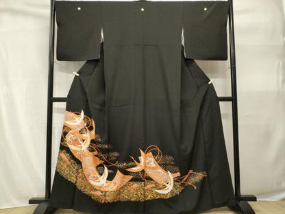 平和屋着物■豪華黒留袖　駒刺繍　絵巻飛鶴草花文　金彩　正絹　逸品　CABH9093ev
