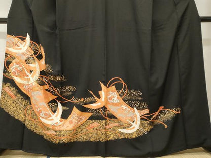 平和屋着物■豪華黒留袖　駒刺繍　絵巻飛鶴草花文　金彩　正絹　逸品　CABH9093ev
