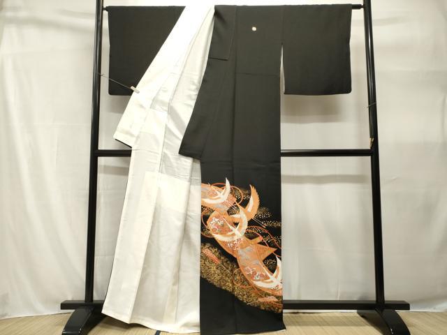 平和屋着物■豪華黒留袖　駒刺繍　絵巻飛鶴草花文　金彩　正絹　逸品　CABH9093ev