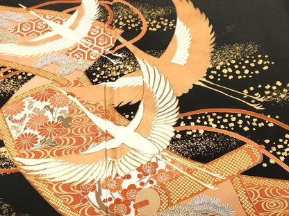 平和屋着物■豪華黒留袖　駒刺繍　絵巻飛鶴草花文　金彩　正絹　逸品　CABH9093ev