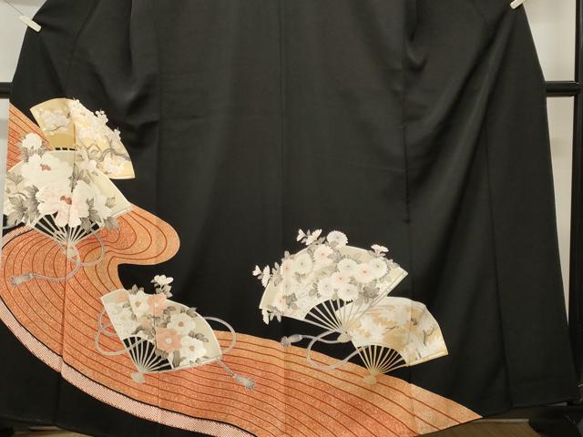 平和屋着物■豪華黒留袖　刺繍　扇面枝花文　椿　梅　正絹　逸品　CABH9103ev